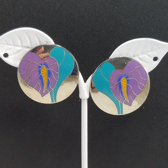 Vintage Laurel Burch "Antherium" Earrings, Rhodium Plated, 1980s Vintage Jewelry - Picture 4 of 10